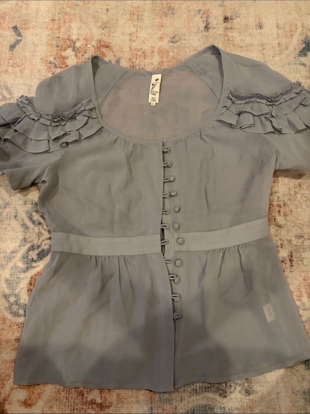 Floreat Seafoam Gray Ruffle-Sleeve Button Front Blouse, Anthropologie